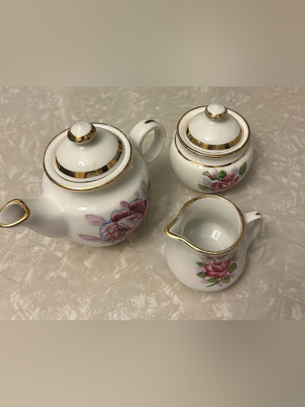 Porcelain Pink Rose Creamer, Sugar and Teapot Set with Gold Trim